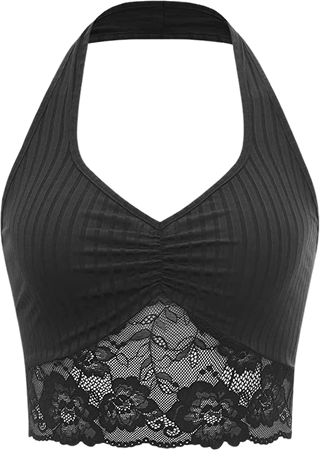 Ribbed Ruched Halter Crop Top with Lace Hem